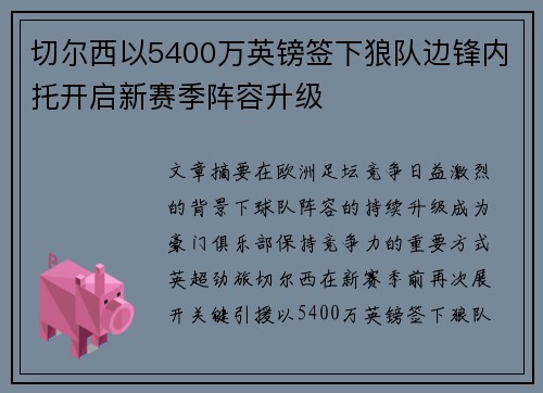 切尔西以5400万英镑签下狼队边锋内托开启新赛季阵容升级