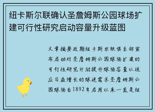 纽卡斯尔联确认圣詹姆斯公园球场扩建可行性研究启动容量升级蓝图 纽卡斯尔联确认圣詹姆斯公园球场扩建可行性研究启动容量升级蓝图
