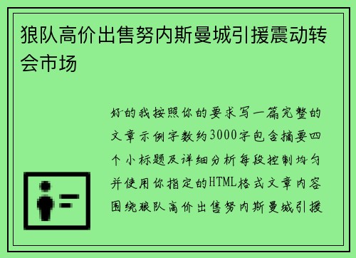 狼队高价出售努内斯曼城引援震动转会市场